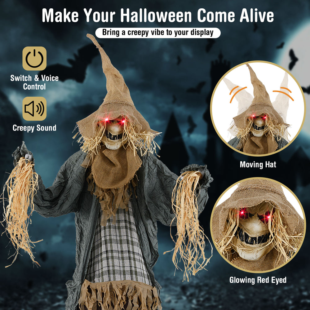 Animated 7 FT Halloween scarecrow decoration with glowing red eyes, creepy sounds, and poseable straw-like arms.