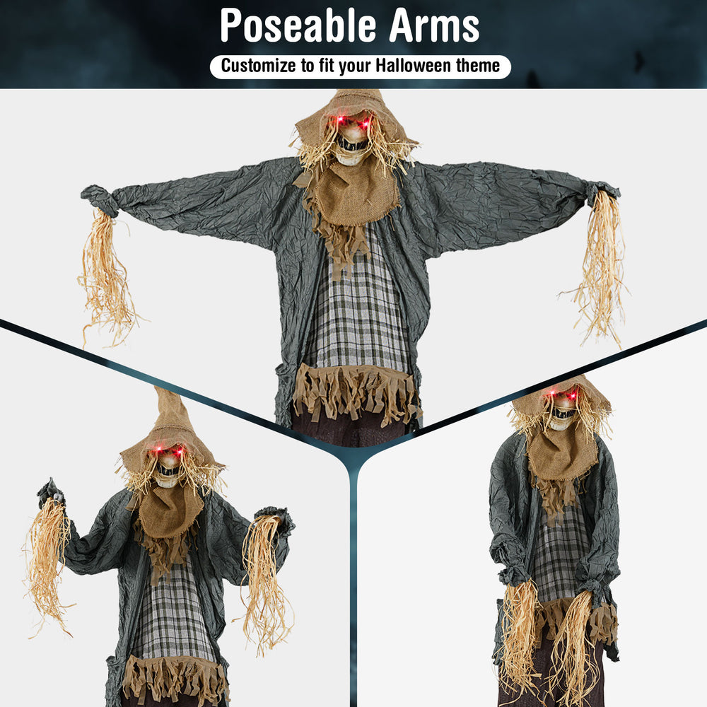 7 FT animated scarecrow with poseable arms, glowing red eyes, and creepy sounds for Halloween decorations.