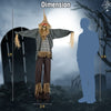 7 FT animated Halloween scarecrow decoration with light-up eyes, designed for haunted houses and customizable poses.
