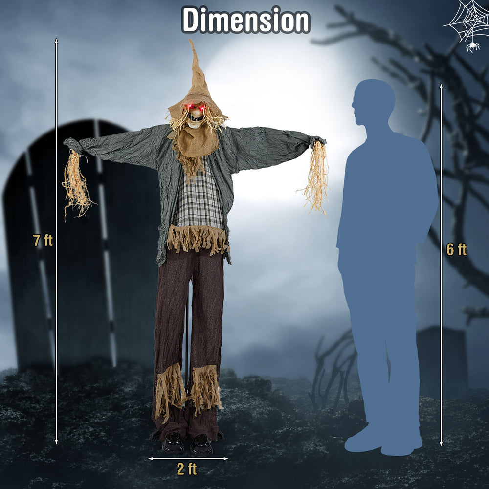 7 FT animated Halloween scarecrow decoration with light-up eyes, designed for haunted houses and customizable poses.