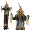 Animated 7 FT Halloween scarecrow decoration with light-up eyes, creepy sounds, and poseable straw-like arms for spooky.