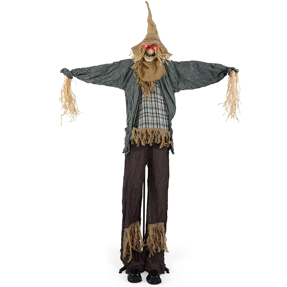 Standing 7 FT tall, this animated scarecrow features a spooky face, glowing red eyes, and customizable poses for.