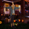 7 FT Halloween scarecrow decoration with a creepy face, poseable arms, and light-up eyes, perfect for outdoor displays.