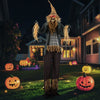Creepy 7 FT scarecrow decoration with glowing red eyes and straw arms, perfect for adding fright to Halloween displays.
