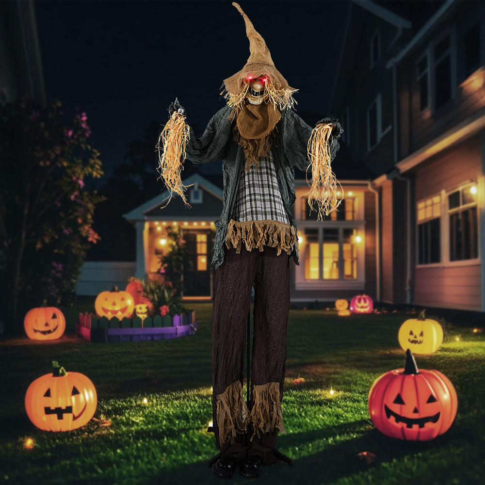 Creepy 7 FT scarecrow decoration with glowing red eyes and straw arms, perfect for adding fright to Halloween displays.