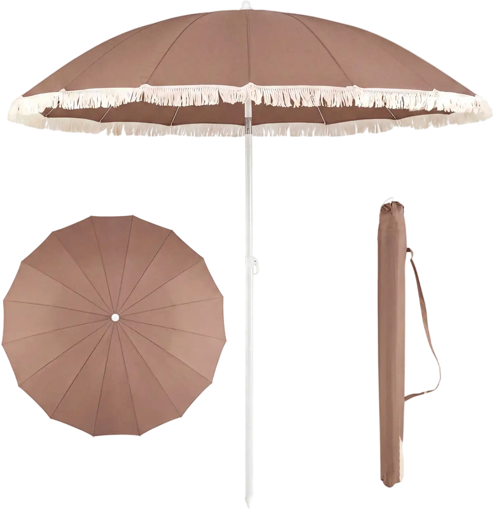 Brown 7 FT patio umbrella with boho fringe tassels, displayed in a folded position for easy storage and transport.
