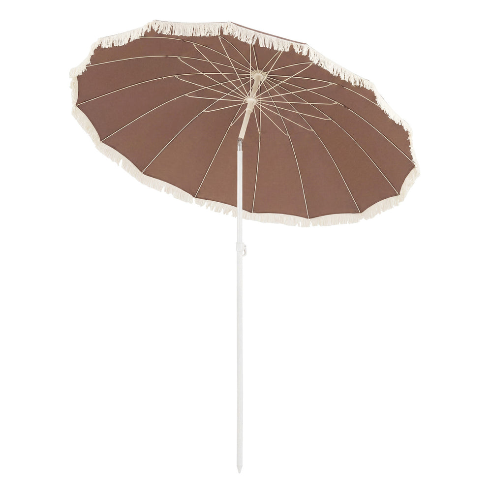 Brown 7 FT patio umbrella with boho fringe tassels, showcasing a top view, perfect for outdoor beach and garden use.