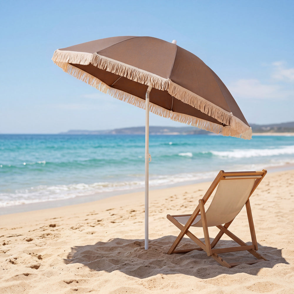 7 FT Patio Umbrella with Fringe Boho Tassel Umbrella for Outdoor Beach Garden Poolside-Brown - Gallery View 1 of 10