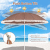 7 FT brown patio umbrella with fringe tassels, featuring a push button tilt for versatile sun protection at the beach.