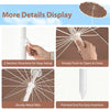 7 FT brown patio umbrella with fringe tassels, showcasing easy setup, sturdy metal ribs, and pointed end for insertion.