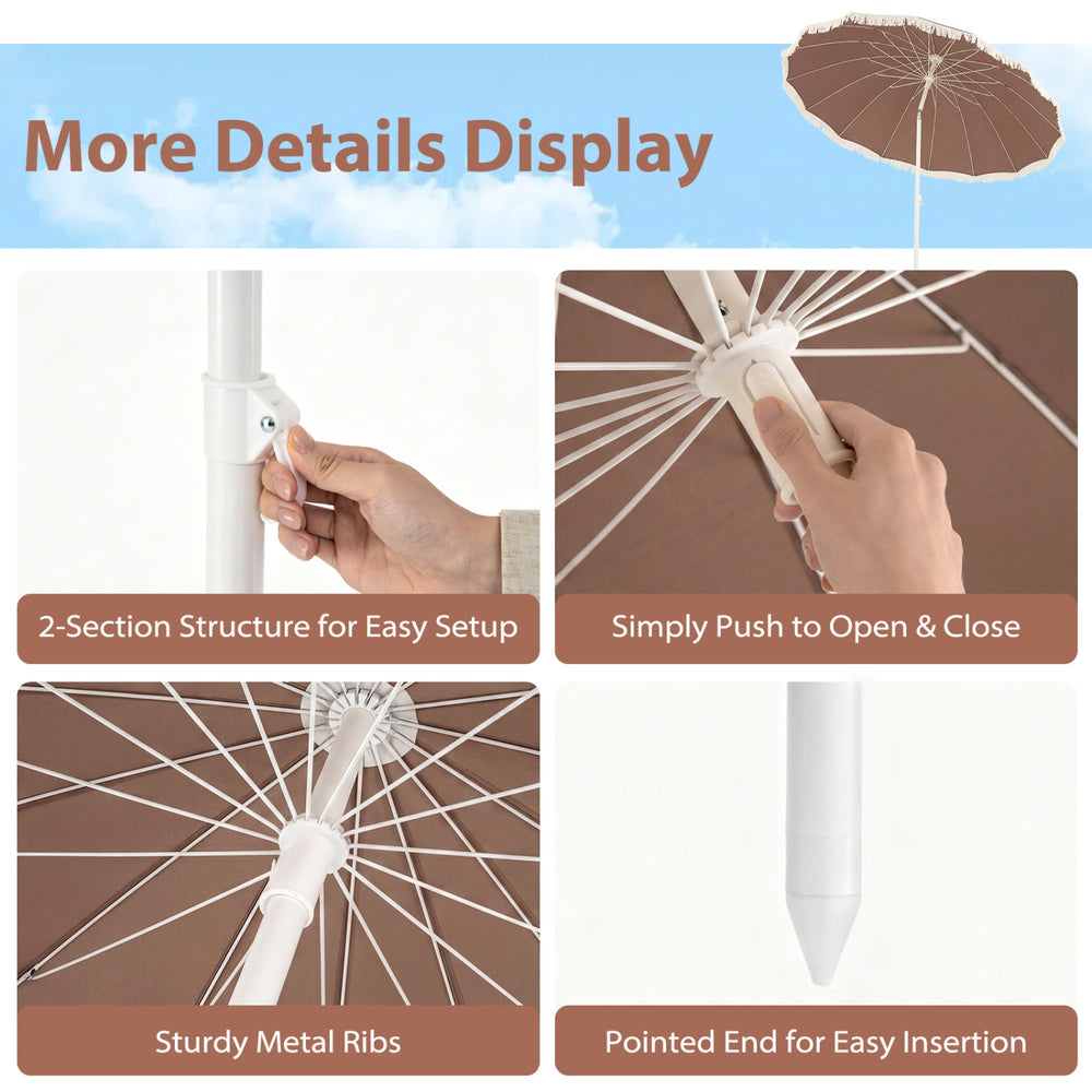 7 FT brown patio umbrella with fringe tassels, showcasing easy setup, sturdy metal ribs, and pointed end for insertion.