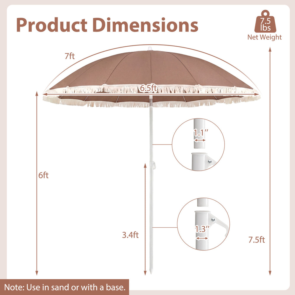 7 FT brown patio umbrella with fringe tassels, perfect for outdoor beach, garden, or poolside use.