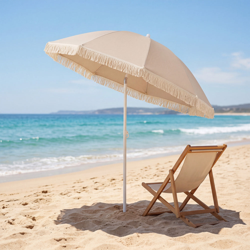 7 FT Patio Umbrella with Fringe Boho Tassel Umbrella for Outdoor Beach Garden Poolside-Beige - Gallery View 1 of 10