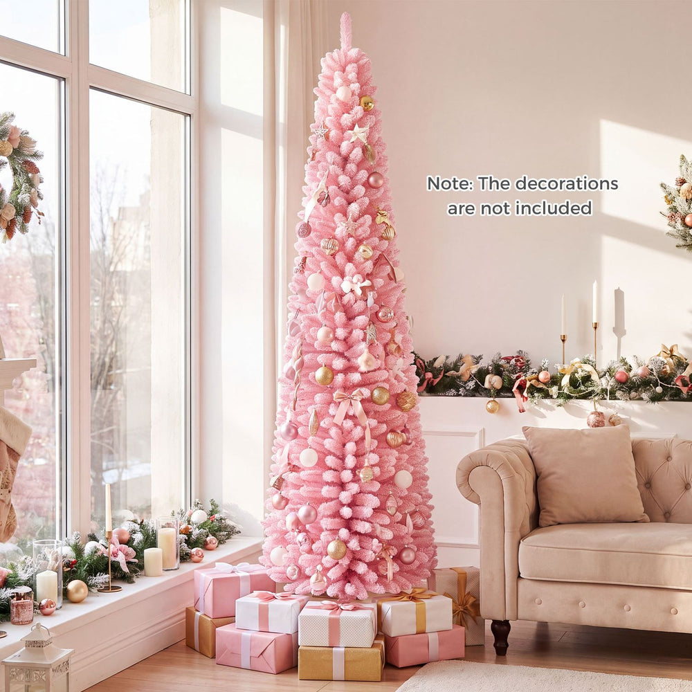 7 FT pink artificial Christmas tree with 575 snow flocked PVC branch tips, designed for a playful and festive holiday look.
