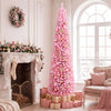 Tall 7 FT pink artificial Christmas tree with 575 snow flocked PVC branch tips, perfect for festive holiday decoration.