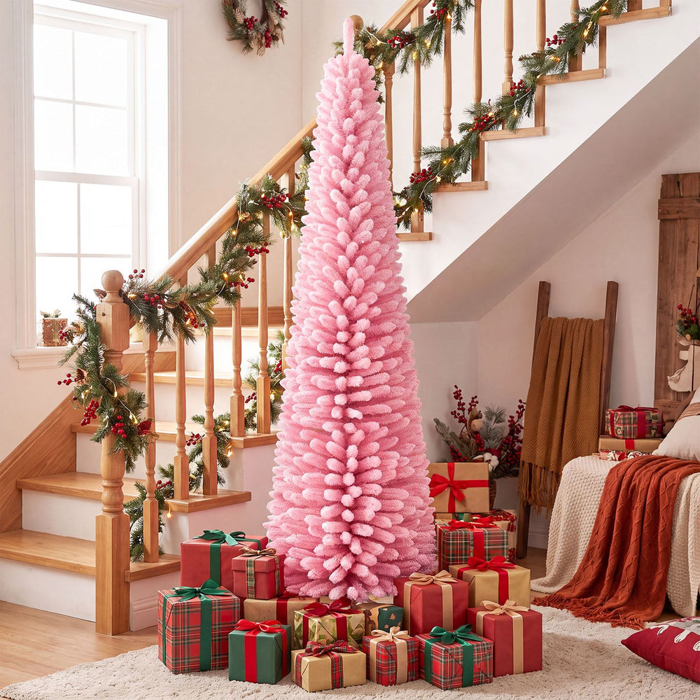 Slim 7 FT pink artificial Christmas tree with 575 snow flocked PVC branch tips, perfect for festive holiday decoration.