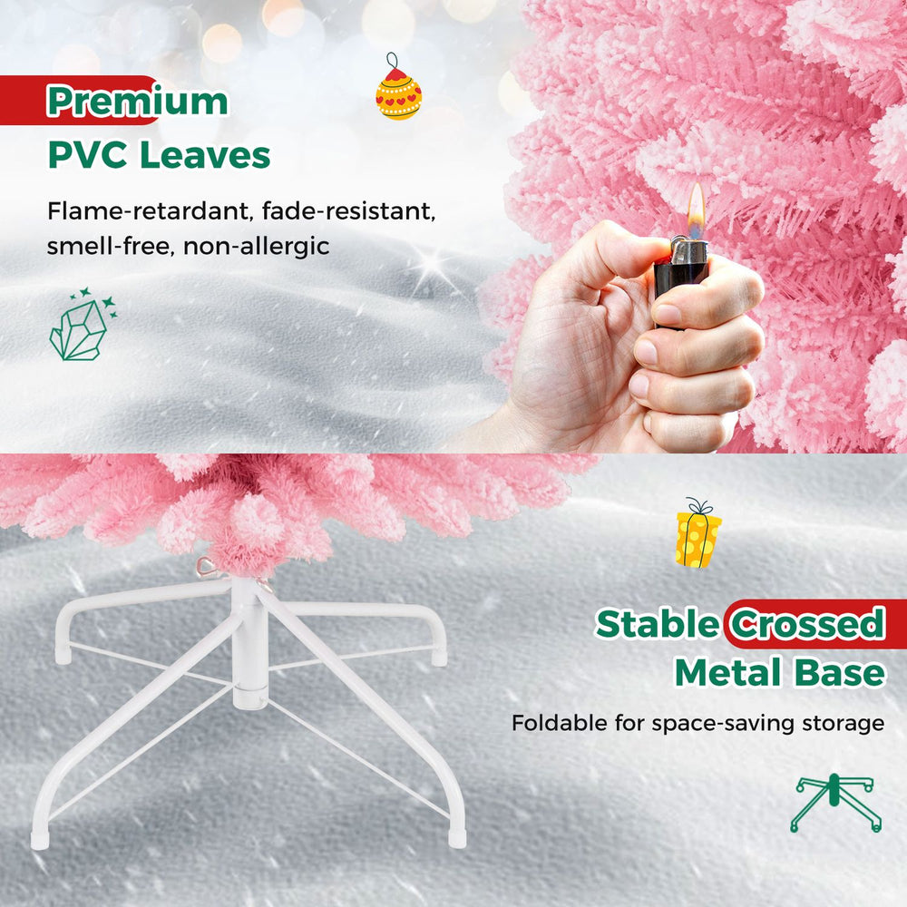 7 FT pink artificial Christmas tree featuring 575 snow flocked PVC branch tips and a stable, foldable metal base.