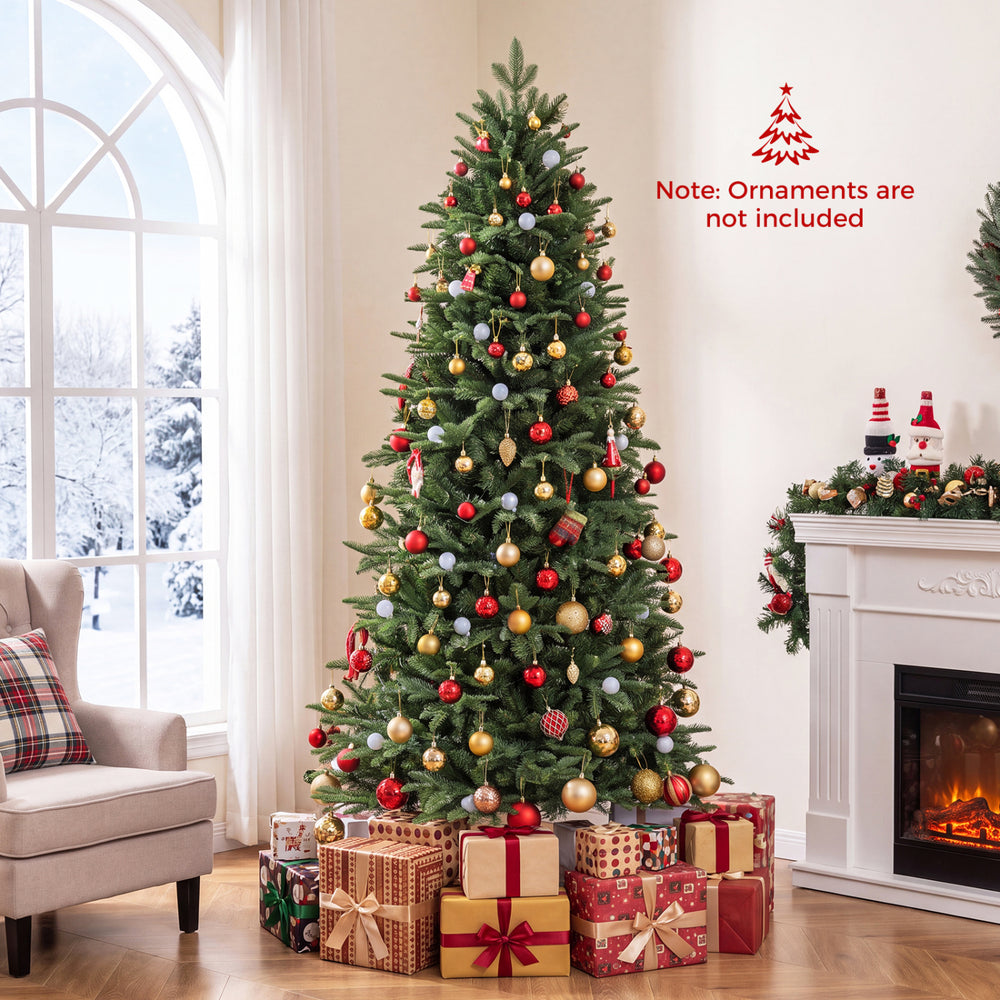 7 FT pre-lit artificial Christmas tree with multicolored LED lights and realistic foliage for festive holiday decor.