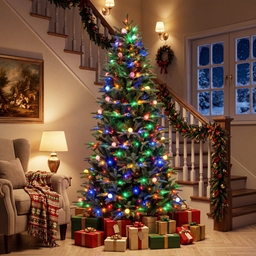 7 FT pre-lit artificial Christmas tree with multicolored globe LED lights, creating a festive atmosphere in any home.