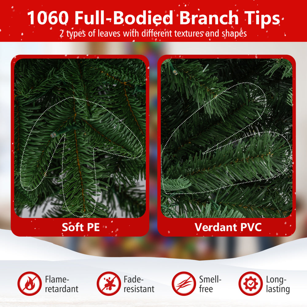 Detailed view of the 7 FT pre-lit artificial Christmas tree showcasing realistic PE and PVC branch tips for a natural look.