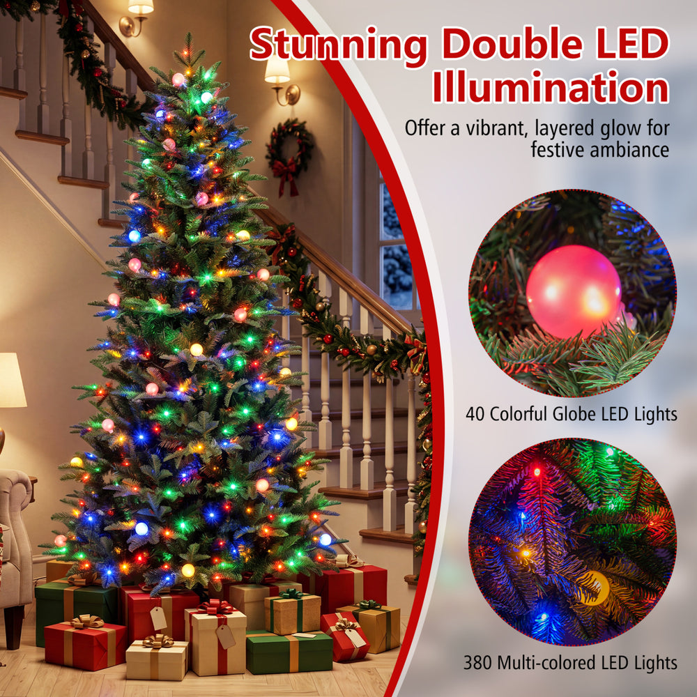 7 FT pre-lit artificial Christmas tree featuring 40 globe LED lights and realistic foliage for festive holiday ambiance.