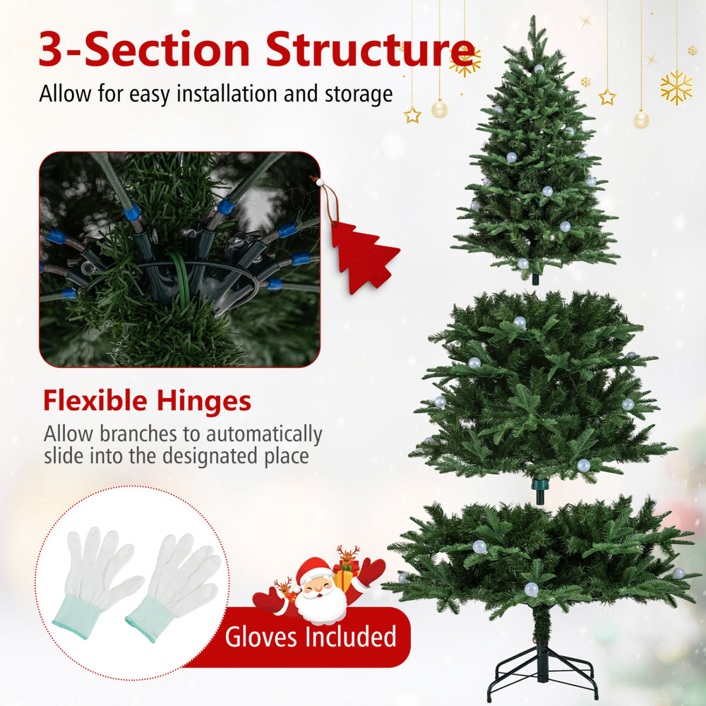 7 FT pre-lit artificial Christmas tree features flexible hinged branches, multicolored LED lights, and easy 3-section setup.