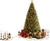 7 FT pre-lit artificial Christmas tree with 350 adjustable warm LED lights, decorated with gifts and set by a fireplace.