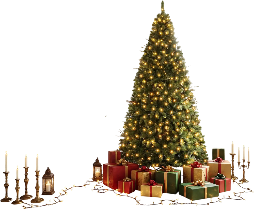 7 FT pre-lit artificial Christmas tree with 350 adjustable warm LED lights, decorated with gifts and set by a fireplace.