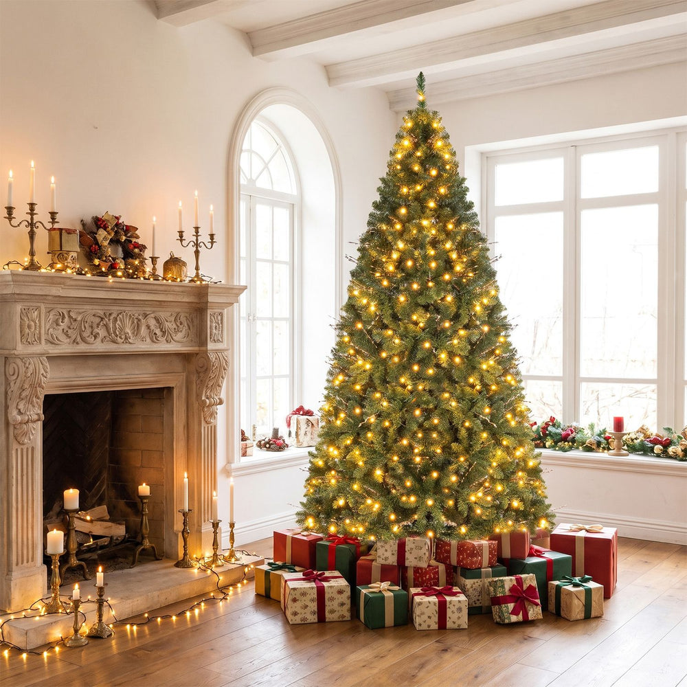 7 FT pre-lit artificial Christmas tree with 350 adjustable warm LED lights, beautifully decorated with presents underneath.