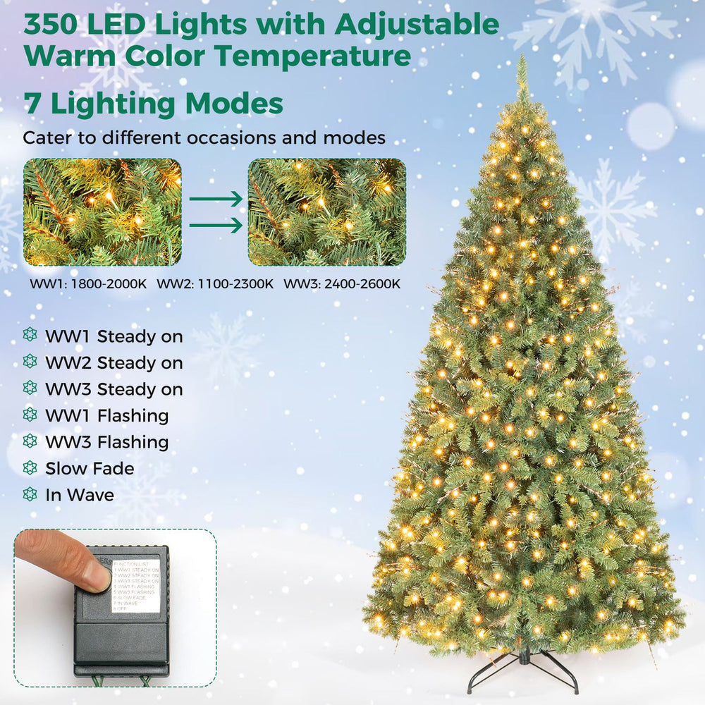 7 FT pre-lit artificial Christmas tree featuring 350 adjustable warm LED lights and 7 lighting modes for festive occasions.