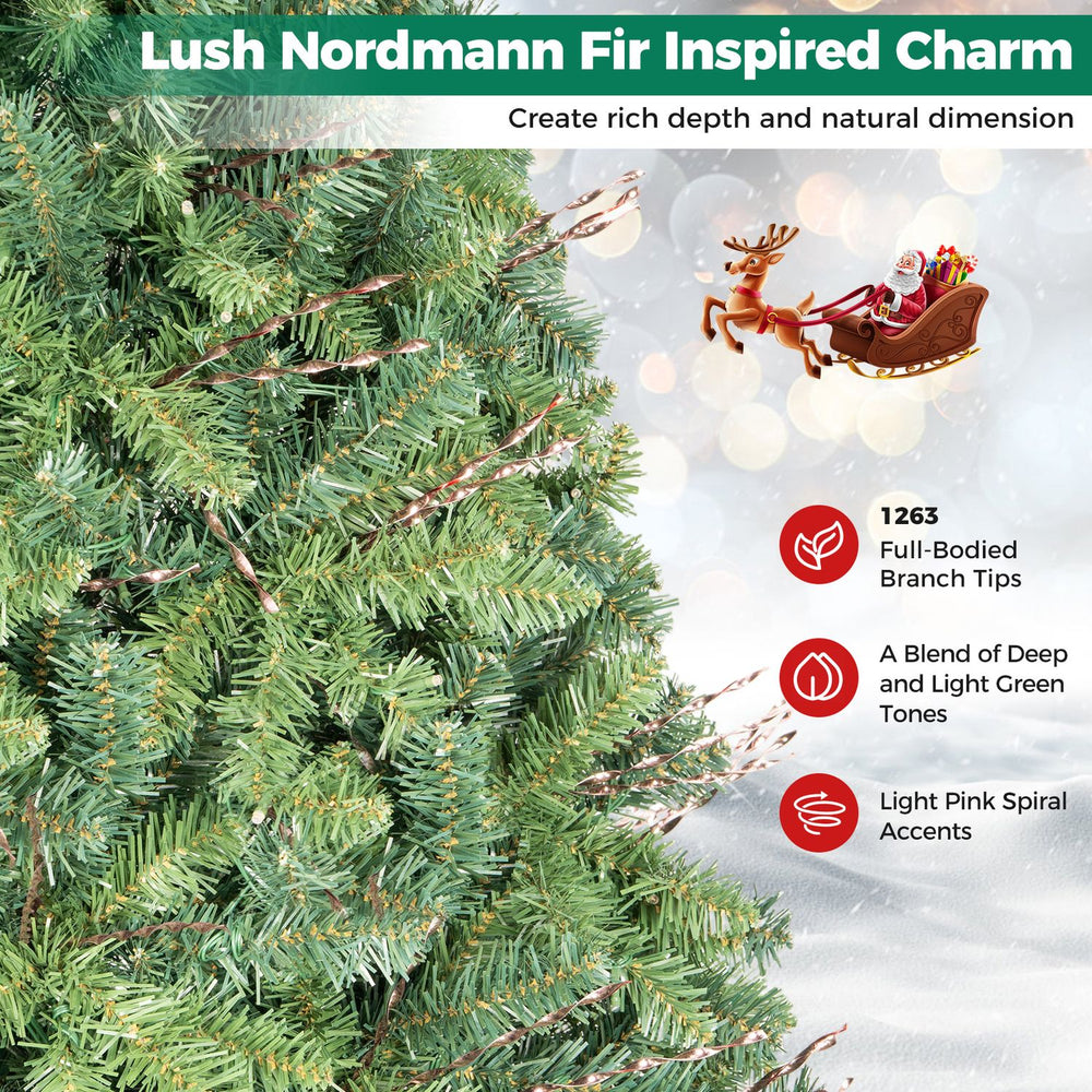 Lush 7 FT pre-lit artificial Christmas tree with 350 adjustable warm LED lights and full-bodied branch tips for festive charm.