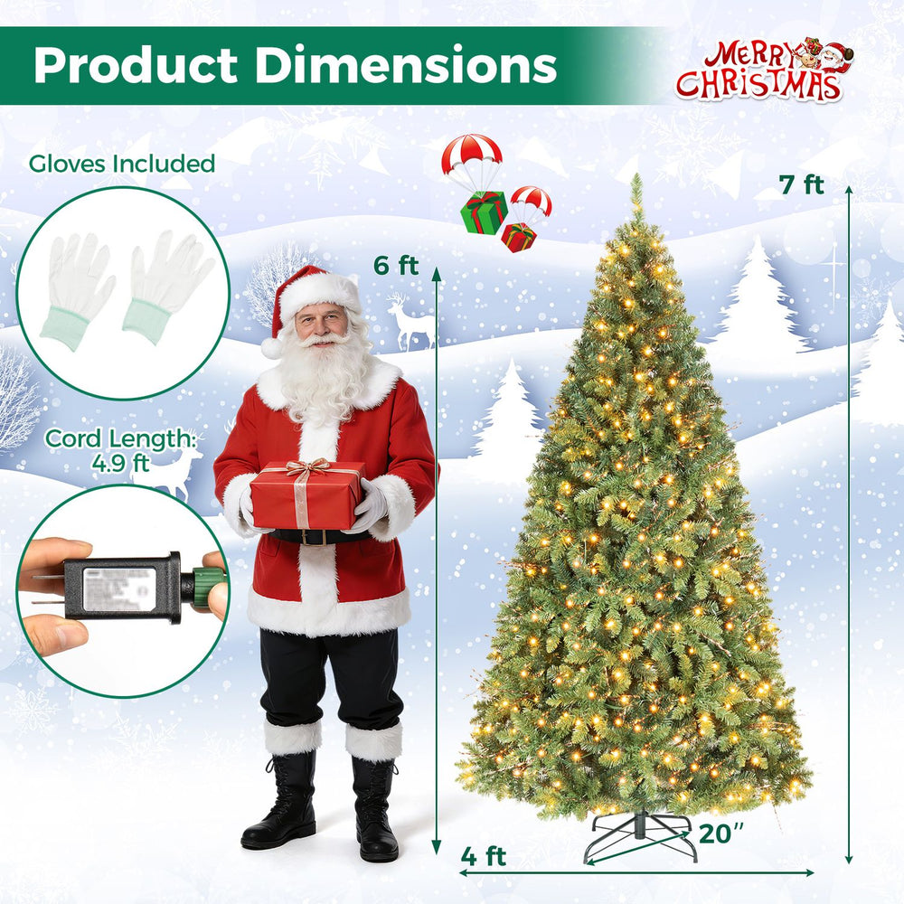 7 ft pre-lit artificial Christmas tree with 350 adjustable warm LED lights, featuring a stable base and gloves included for setup.
