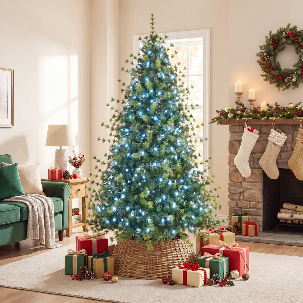7 FT pre-lit artificial Christmas tree with 400 warm and cool white LED lights in a festive living room display.