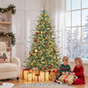 7 FT pre-lit artificial Christmas tree glows with 400 warm and cool white LED lights in a festive living room.