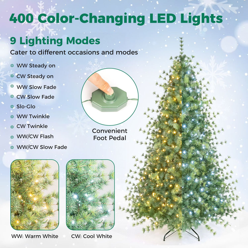 7 FT pre-lit artificial Christmas tree with 400 warm and cool white LED lights and a convenient foot pedal.