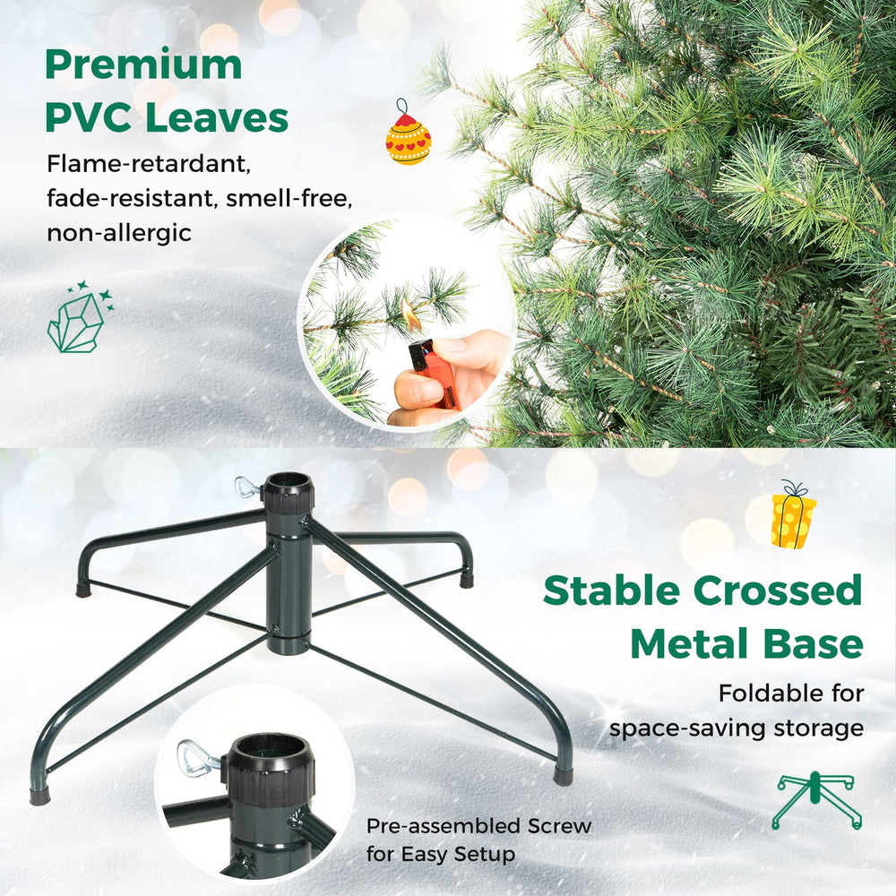 Foldable crossed metal base of the 7 FT pre-lit artificial Christmas tree, shown with a close-up of its pre-assembled screw for easy setup.