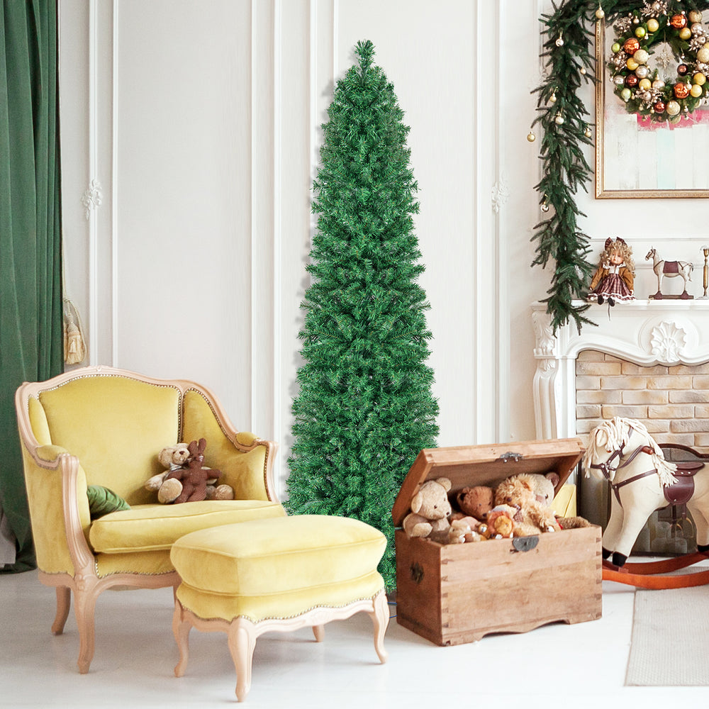 5/6/7/8 FT Pre-Lit Christmas Pencil Tree with Colorful Fiber Optics Green-7 ft - Gallery View 1 of 10