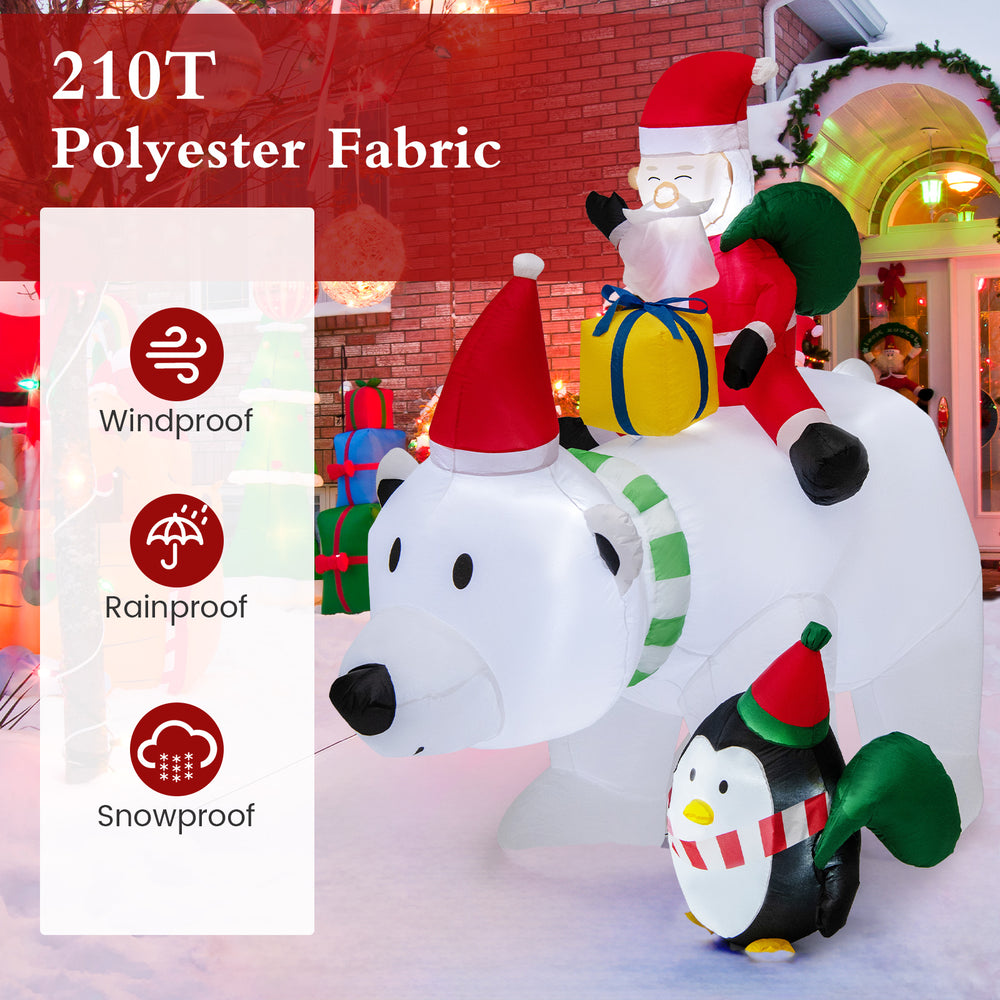 7 feet inflatable Santa Claus riding a bear with a penguin, featuring weather-resistant polyester fabric for festive.