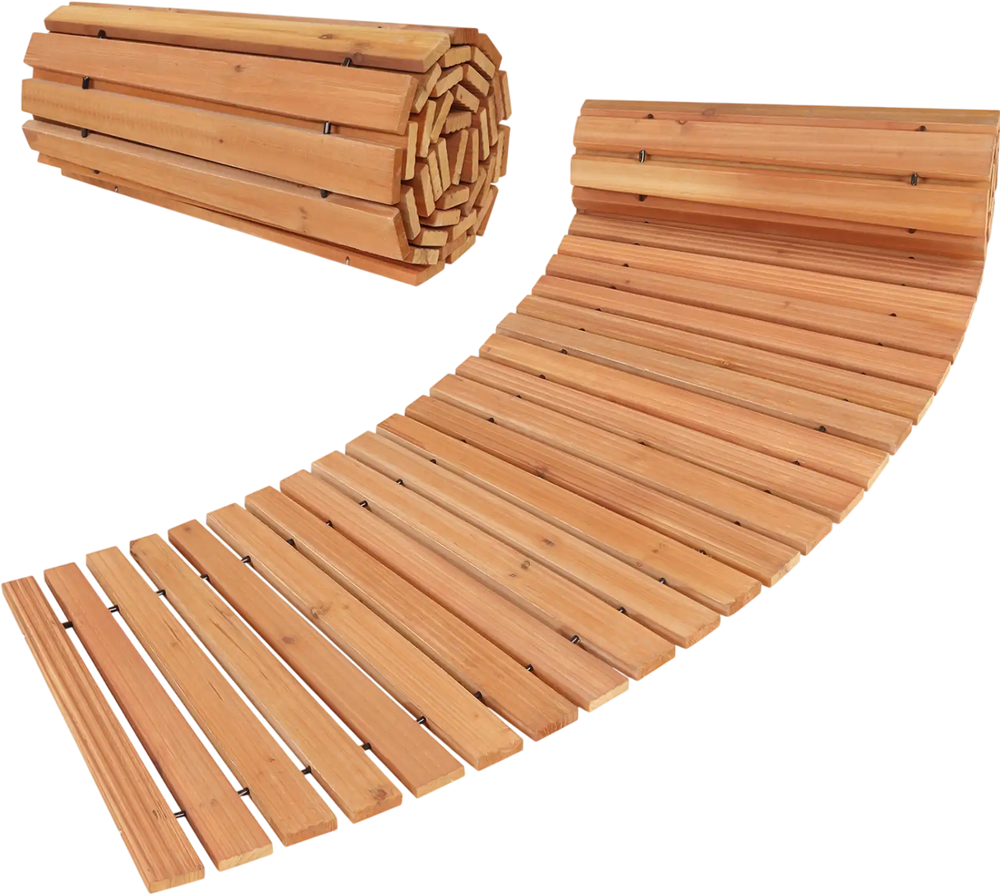 7 FT wooden garden pathway with anti-slip surface, rolled out for outdoor use in gardens and patios.