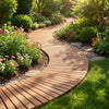 Curved 7 FT wooden garden pathway with anti-slip surface, surrounded by vibrant flowers and greenery for outdoor spaces.