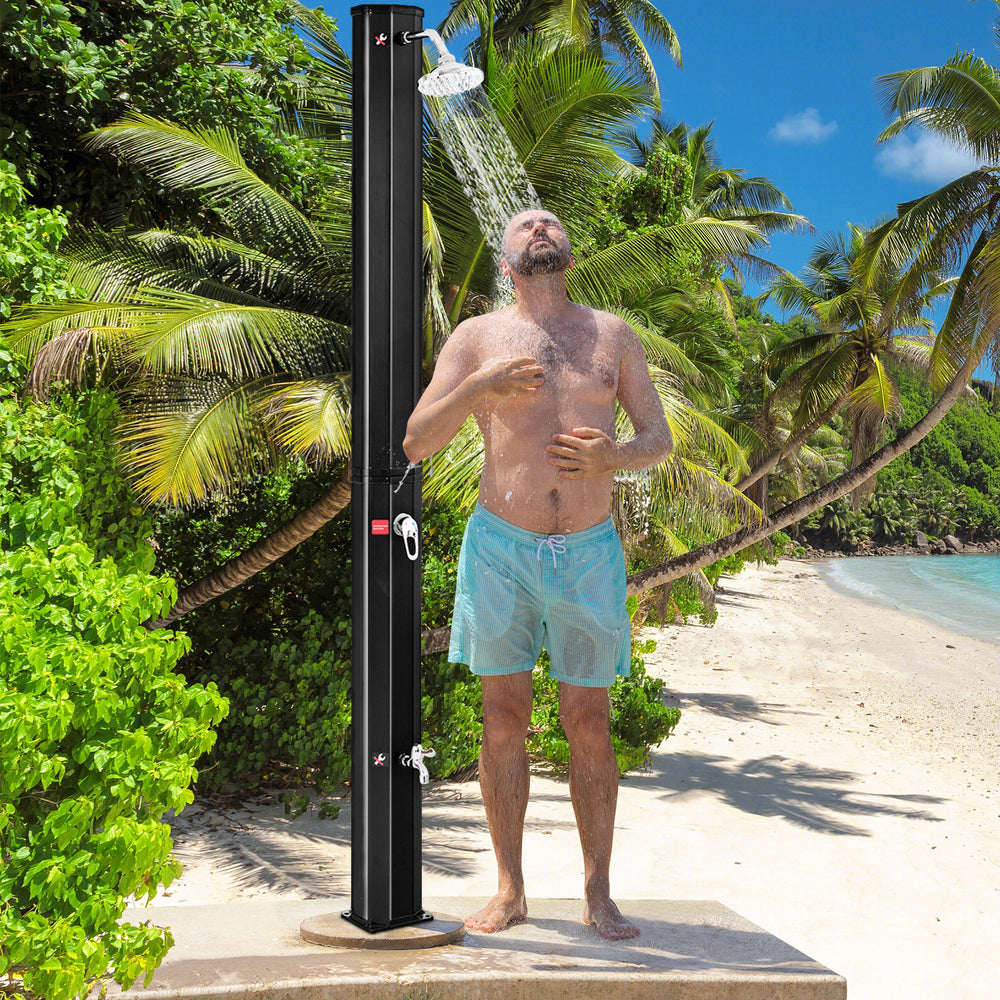 Adjustable outdoor solar heating shower head with rotating shower, eco-friendly PVC design, perfect for beach use.