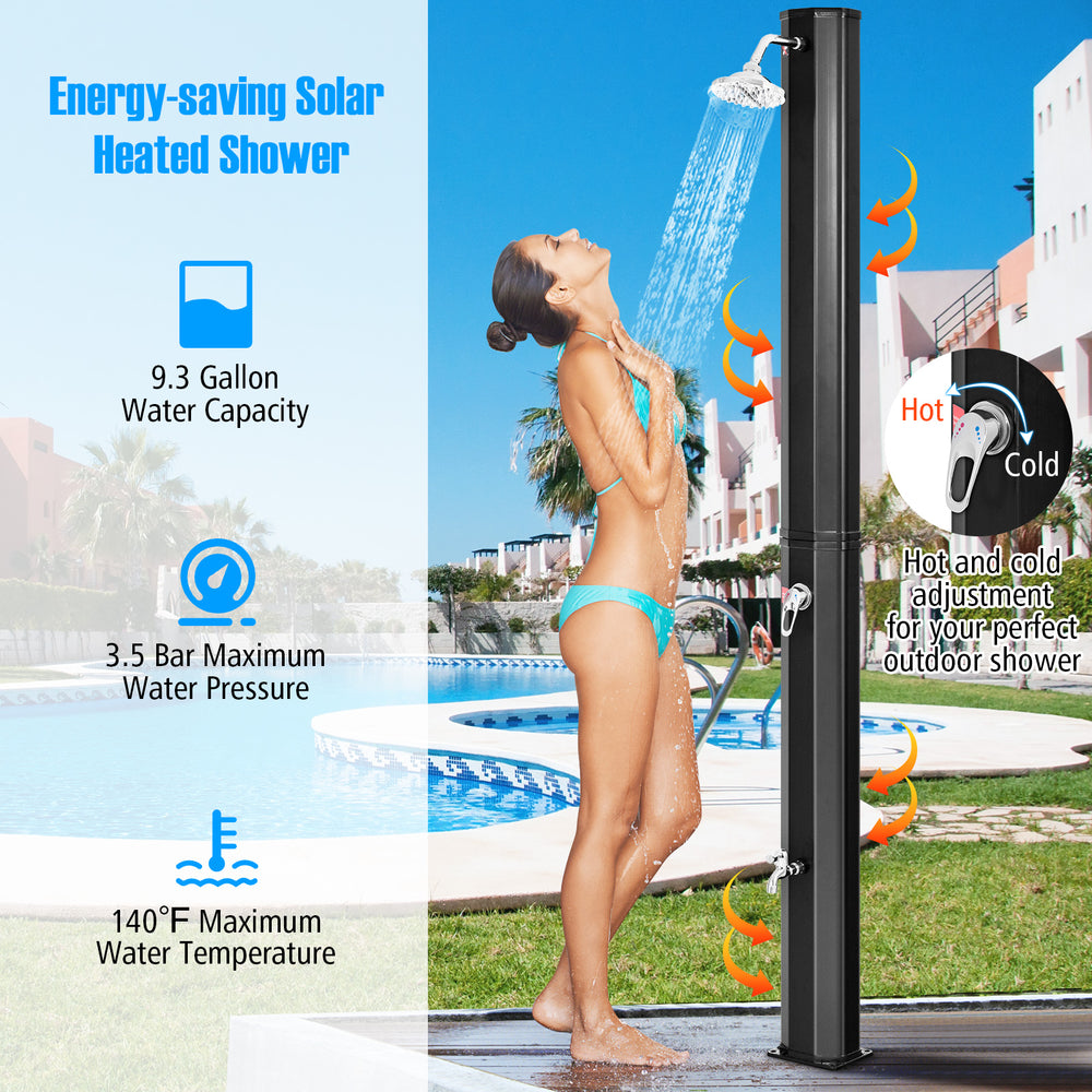 Adjustable outdoor solar shower with 9.3-gallon capacity, rotating shower head, and temperature control for easy use.