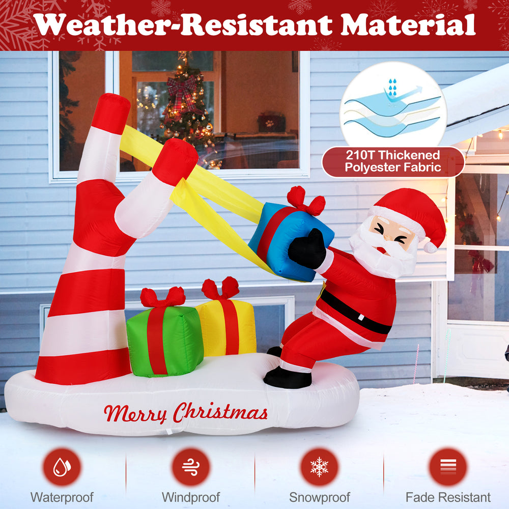 7 feet Christmas inflatable Santa with slingshot and LED lights, made of weather-resistant polyester for outdoor.