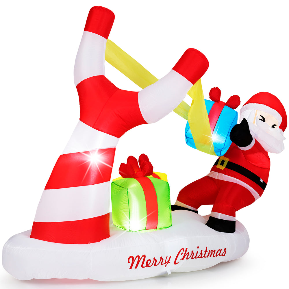 7-foot inflatable Santa with slingshot and LED lights, perfect for festive outdoor holiday decoration.