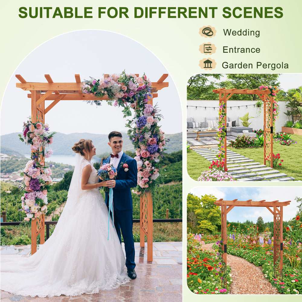 7 feet wooden garden pergola arch with floral decor, perfect for weddings, entrances, and outdoor spaces.