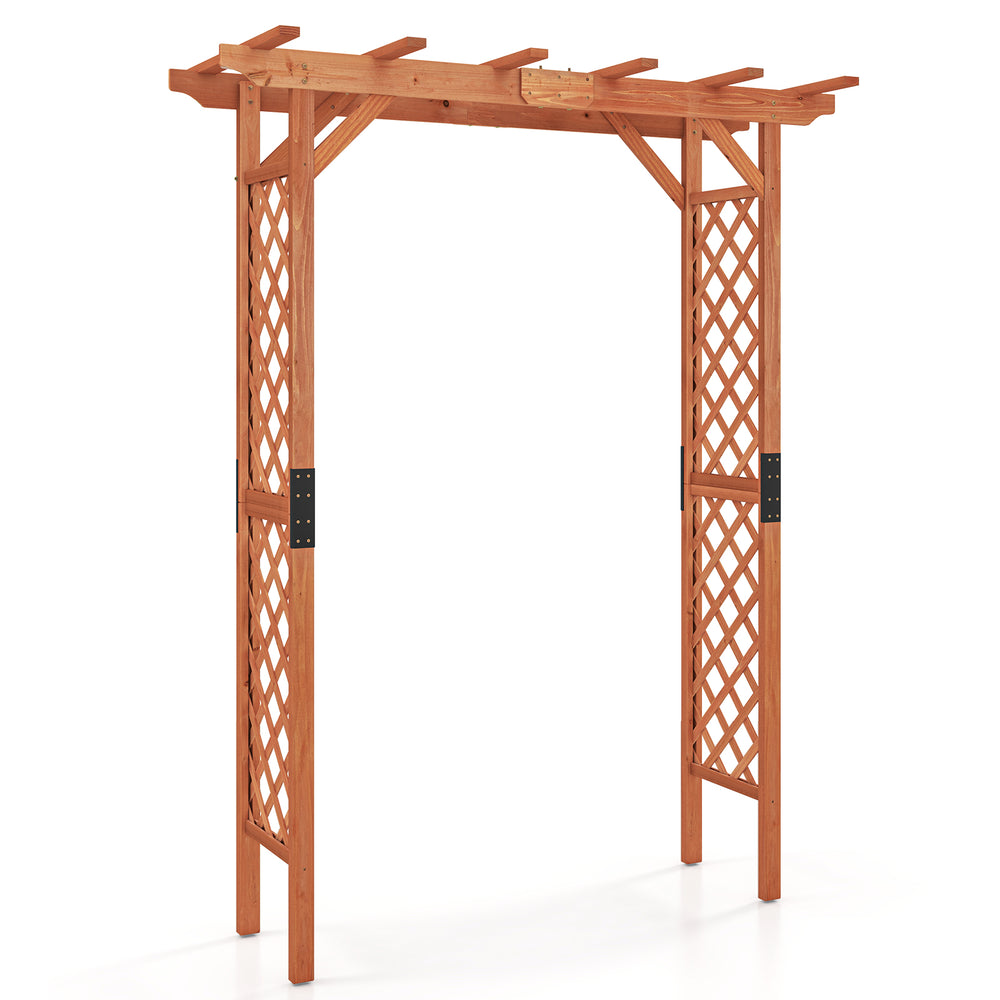 7 feet wooden high arbor arch with lattice side panels, perfect for supporting climbing plants in gardens or pathways.