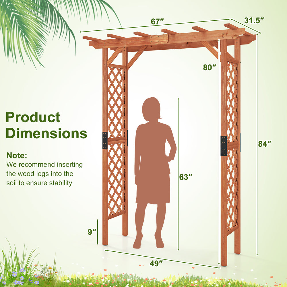 7 feet wooden high arbor arch with lattice side panels, ideal for supporting climbing plants in gardens or pathways.