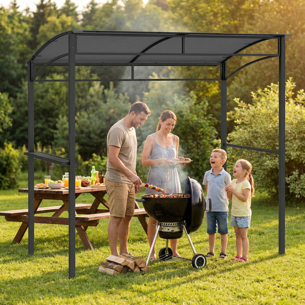 7 feet gray grill gazebo with serving shelf and storage hooks, perfect for outdoor cooking and gatherings.