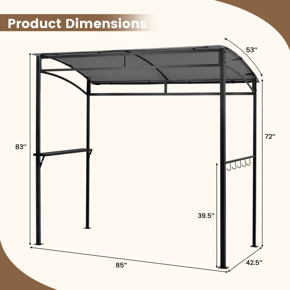 7 feet grill gazebo in gray with dimensions, featuring a serving shelf and storage hooks for outdoor cooking.
