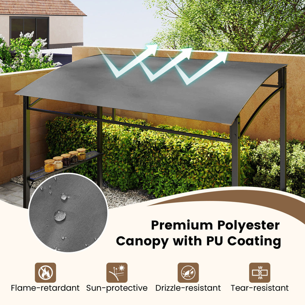 Gray 7 feet grill gazebo with premium polyester canopy, featuring sun-protective and drizzle-resistant properties.
